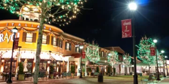 Festive nighttime street with illuminated storefronts, trees, and holiday lights in a lively shopping district