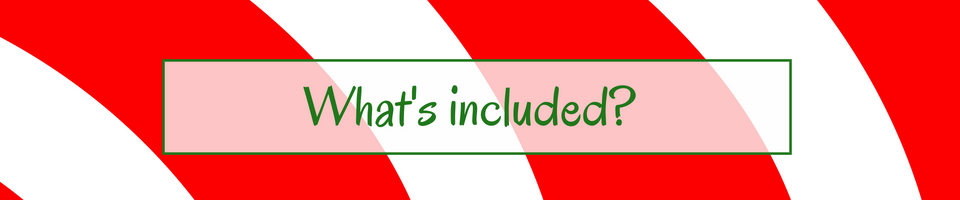 Green “What’s included?” text on a white box over a red-and-white striped background