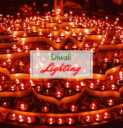 Diwali lighting with glowing oil lamps and a festive “Diwali” sign