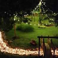 Lit garden path with string lights over a green yard at night