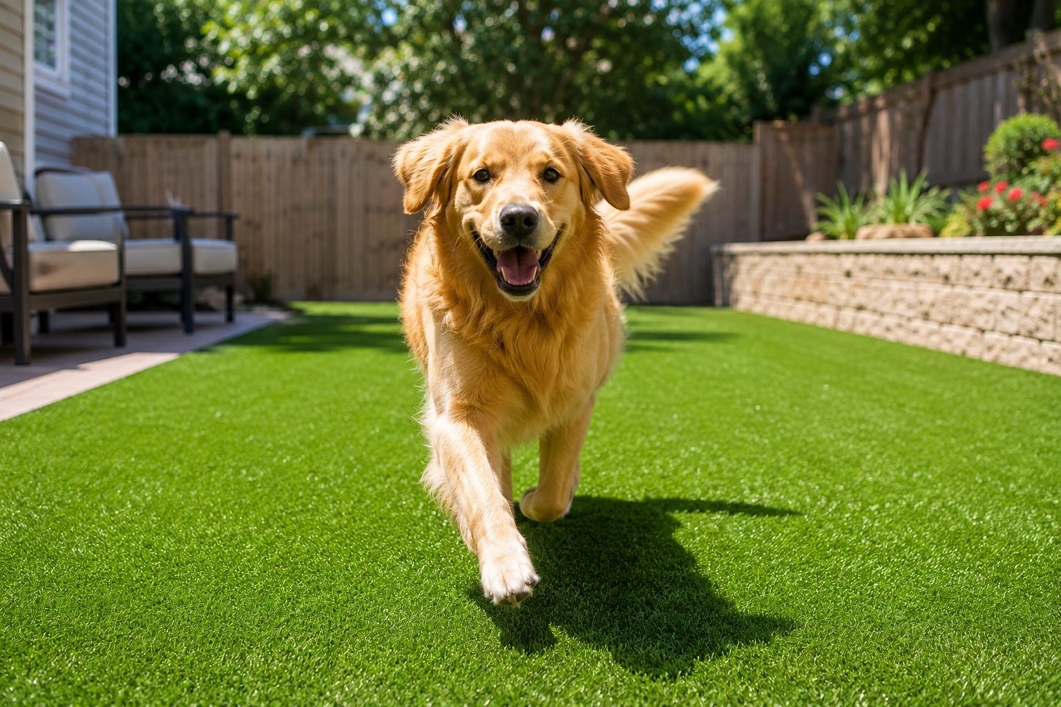 a happy golden retriever dog playing in backyard with artificial turf.