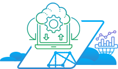 A line drawing of a laptop with a cloud and gears on it.