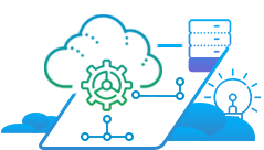 An illustration of a cloud , gears , and a light bulb.