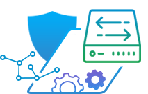 An icon of a shield , gears , arrows and a server.