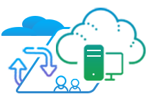 A cloud with arrows pointing up and down and a computer in the cloud.