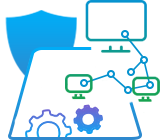 An icon of a computer with gears and a shield.