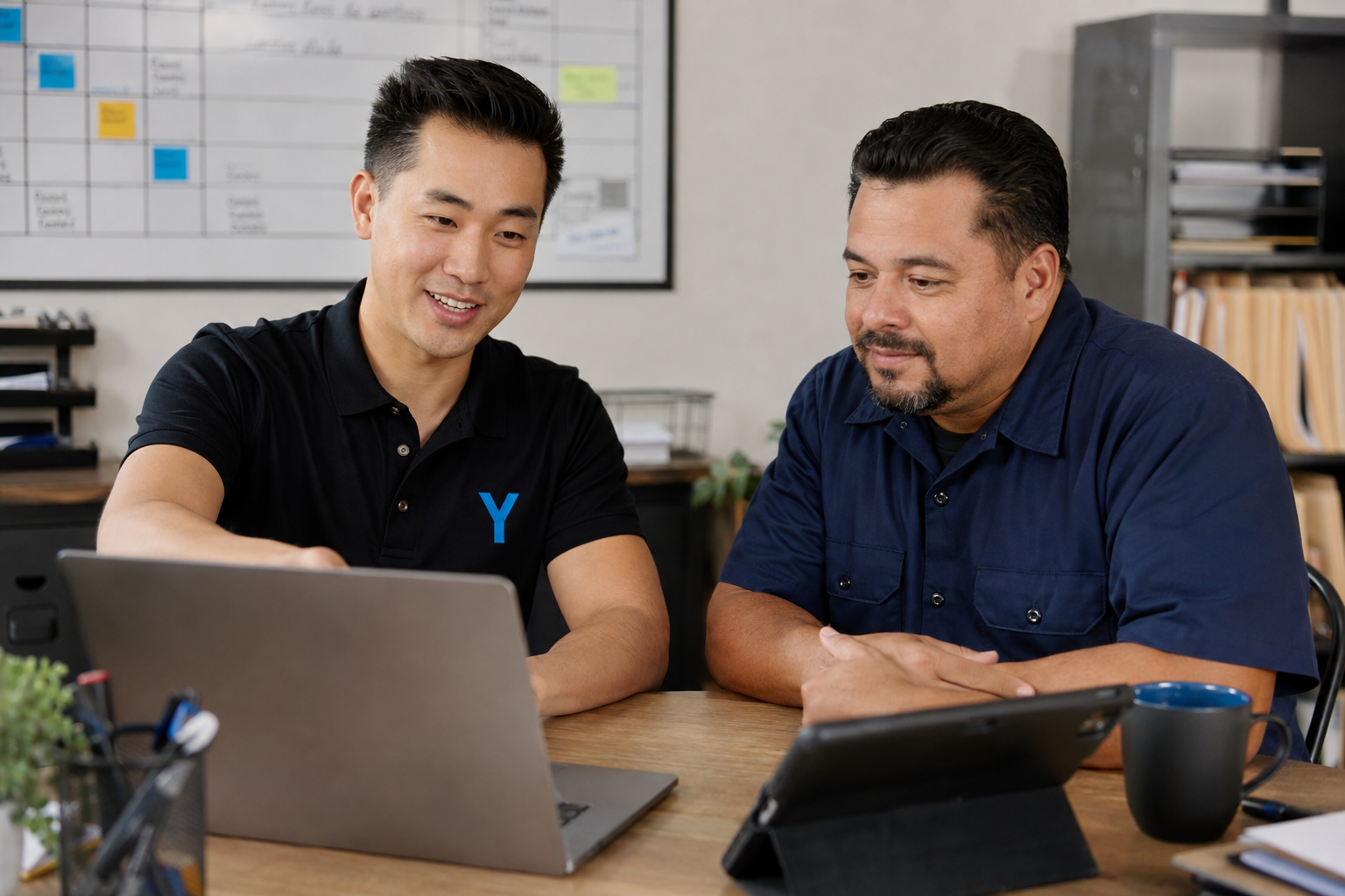 YourBA visual of a contractor reviewing work at a laptop