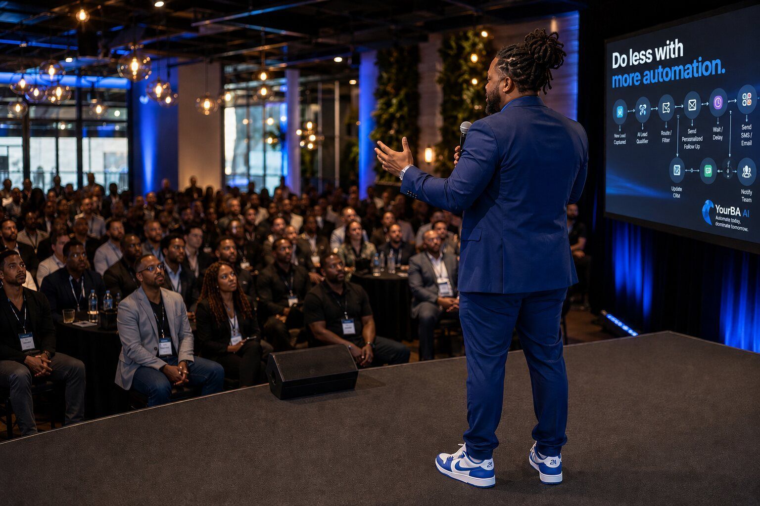 YourBA AI founder Charles Buggs explaining an automation system at a business expo