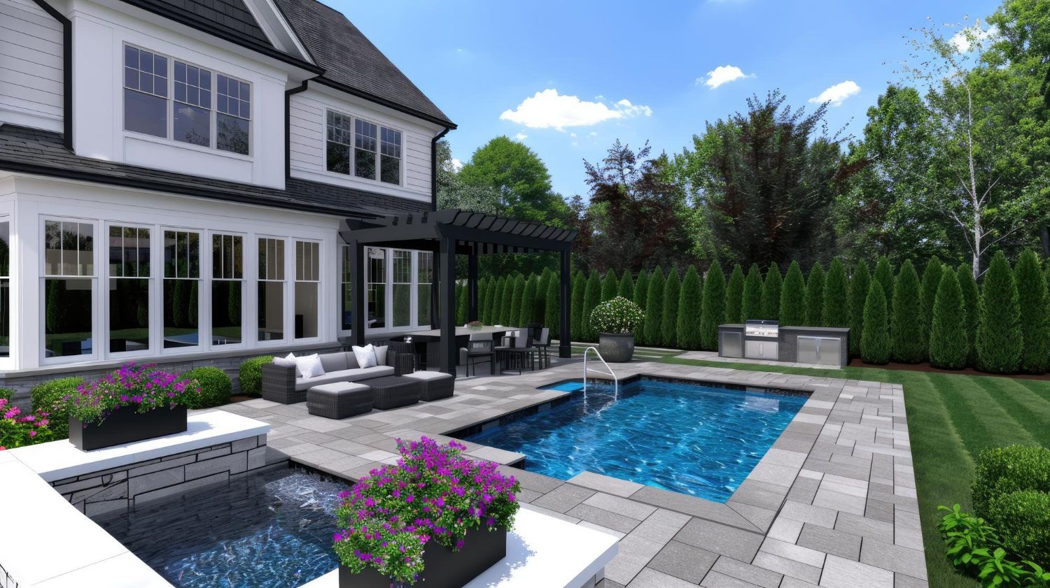 Backyard with a pool, patio, outdoor furniture, and a house. Lush greenery and blue water.