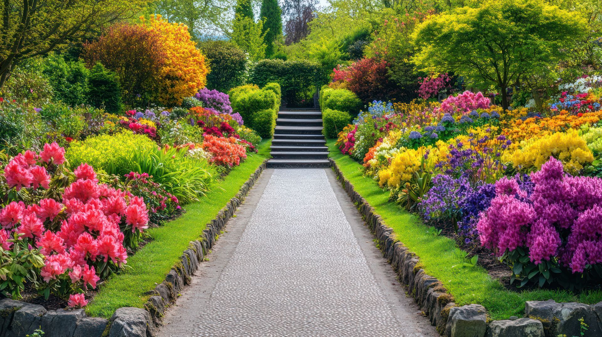 Colorful flower garden with a central gravel path leading to steps and lush greenery