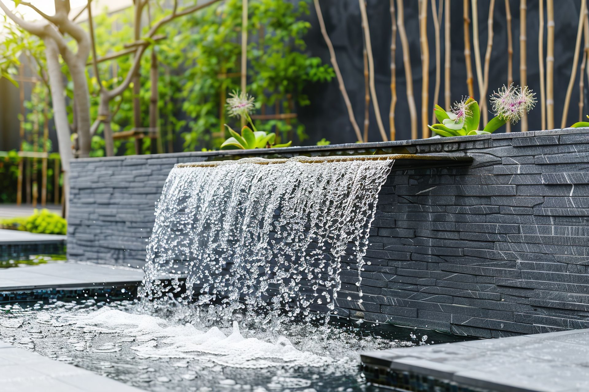 A waterfall is surrounded by a stone wall in a garden.