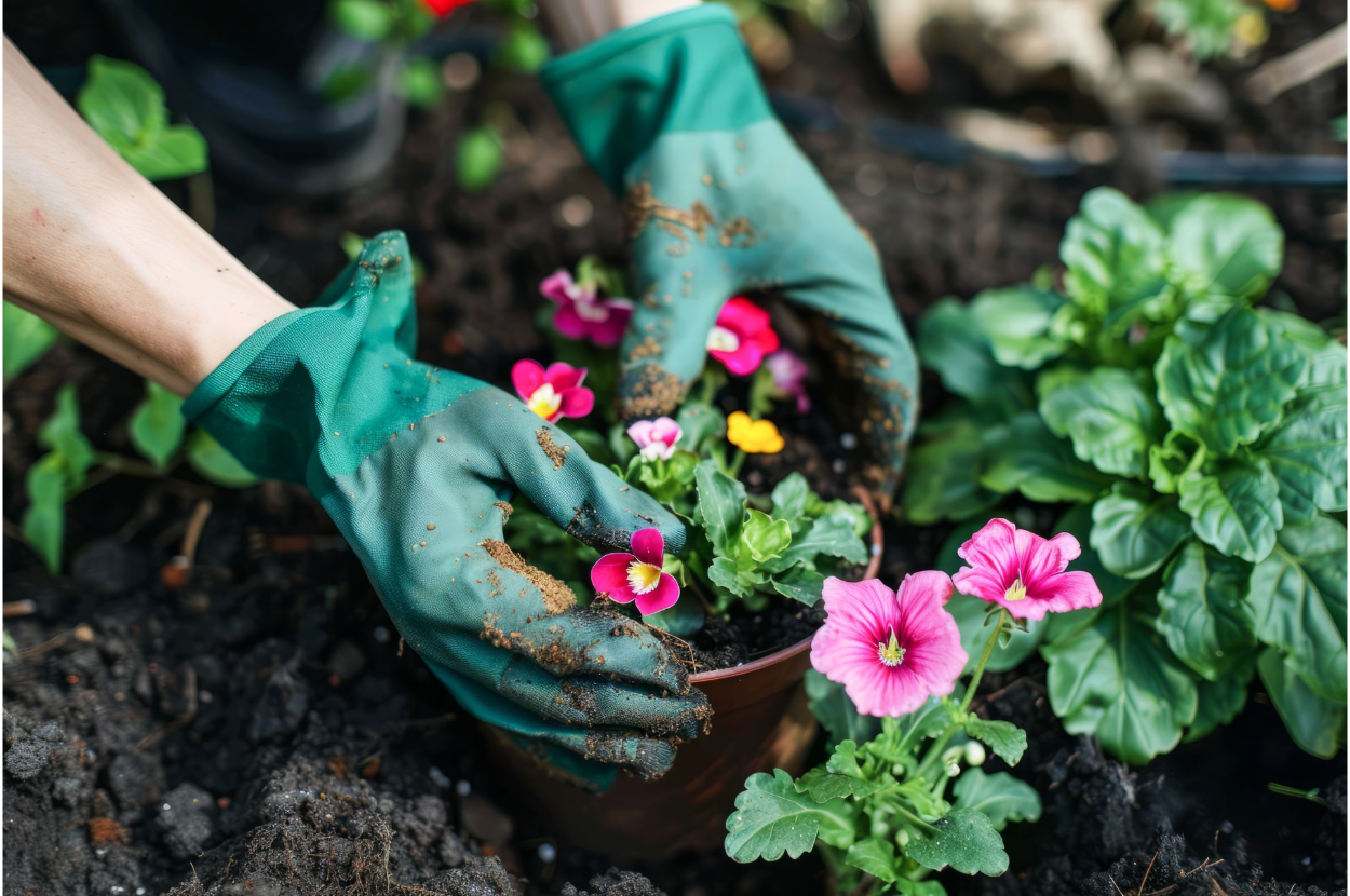 A person is planting flowers in a pot in a garden.