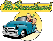 A logo for mr. greenthumb shows a man giving a thumbs up