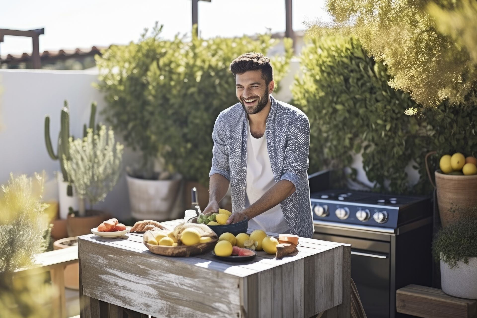 A man is standing at a table preparing food.