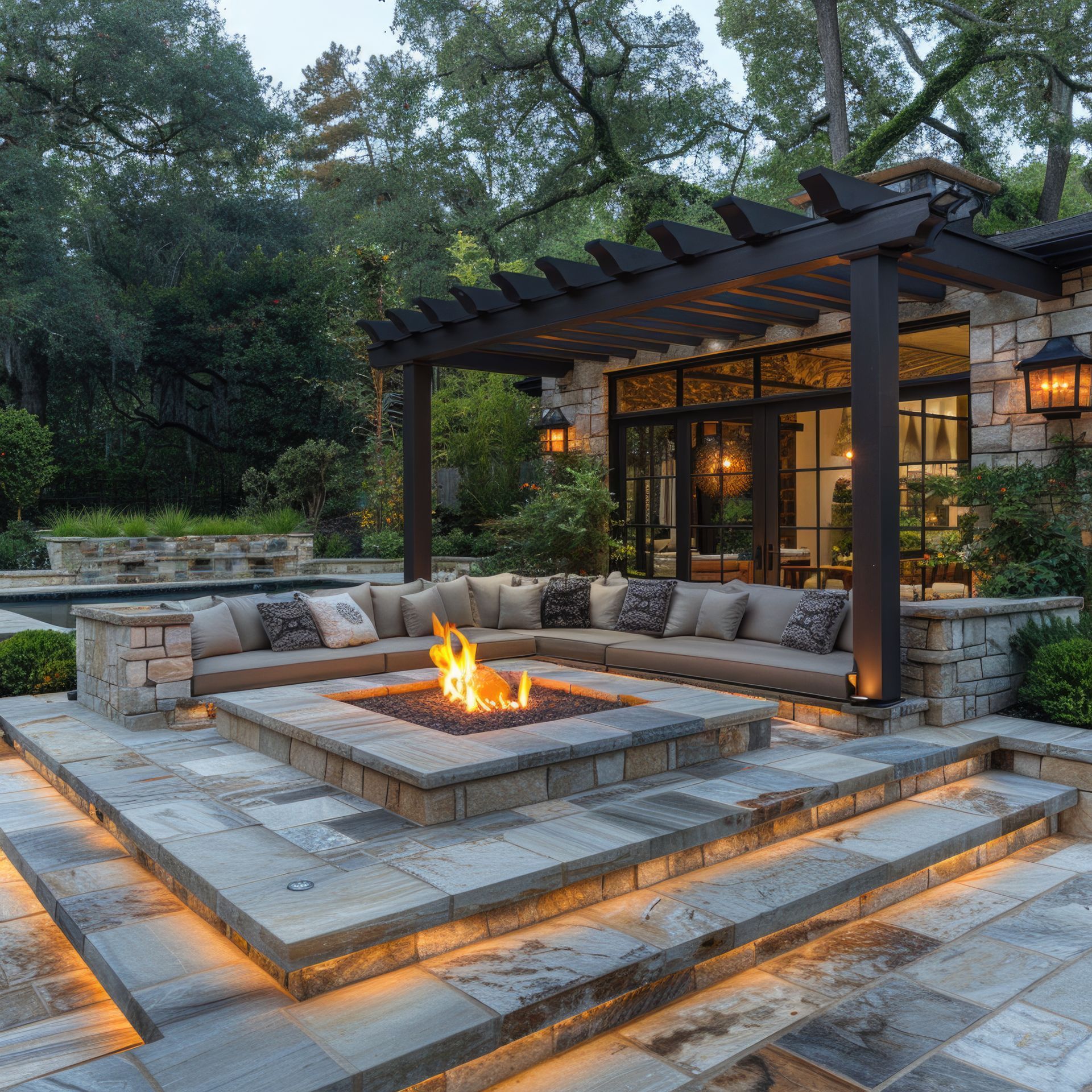 A patio with a fire pit and a pergola