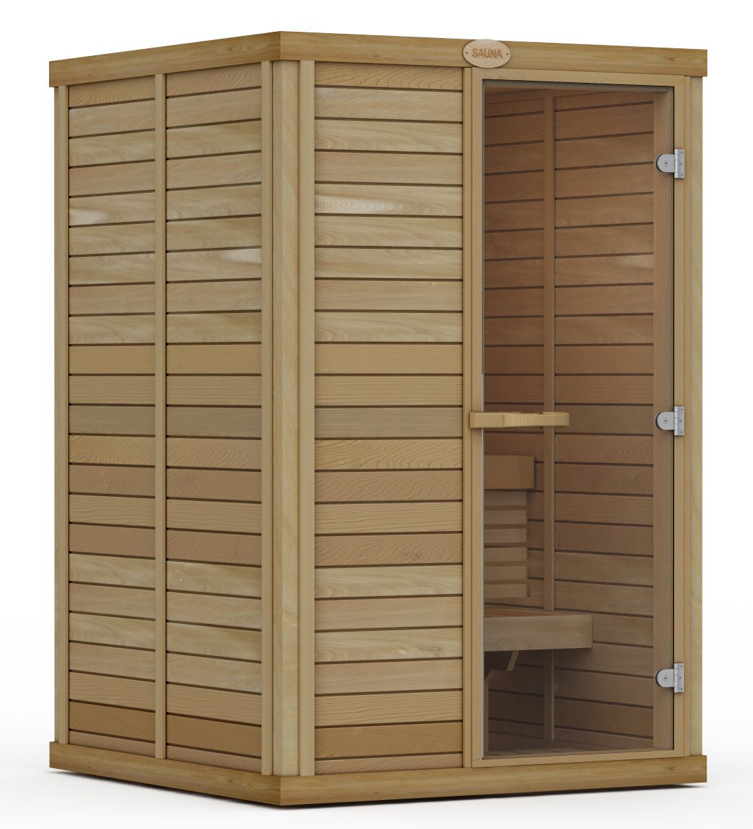 Wooden outdoor sauna cabin with a glass door and bench inside