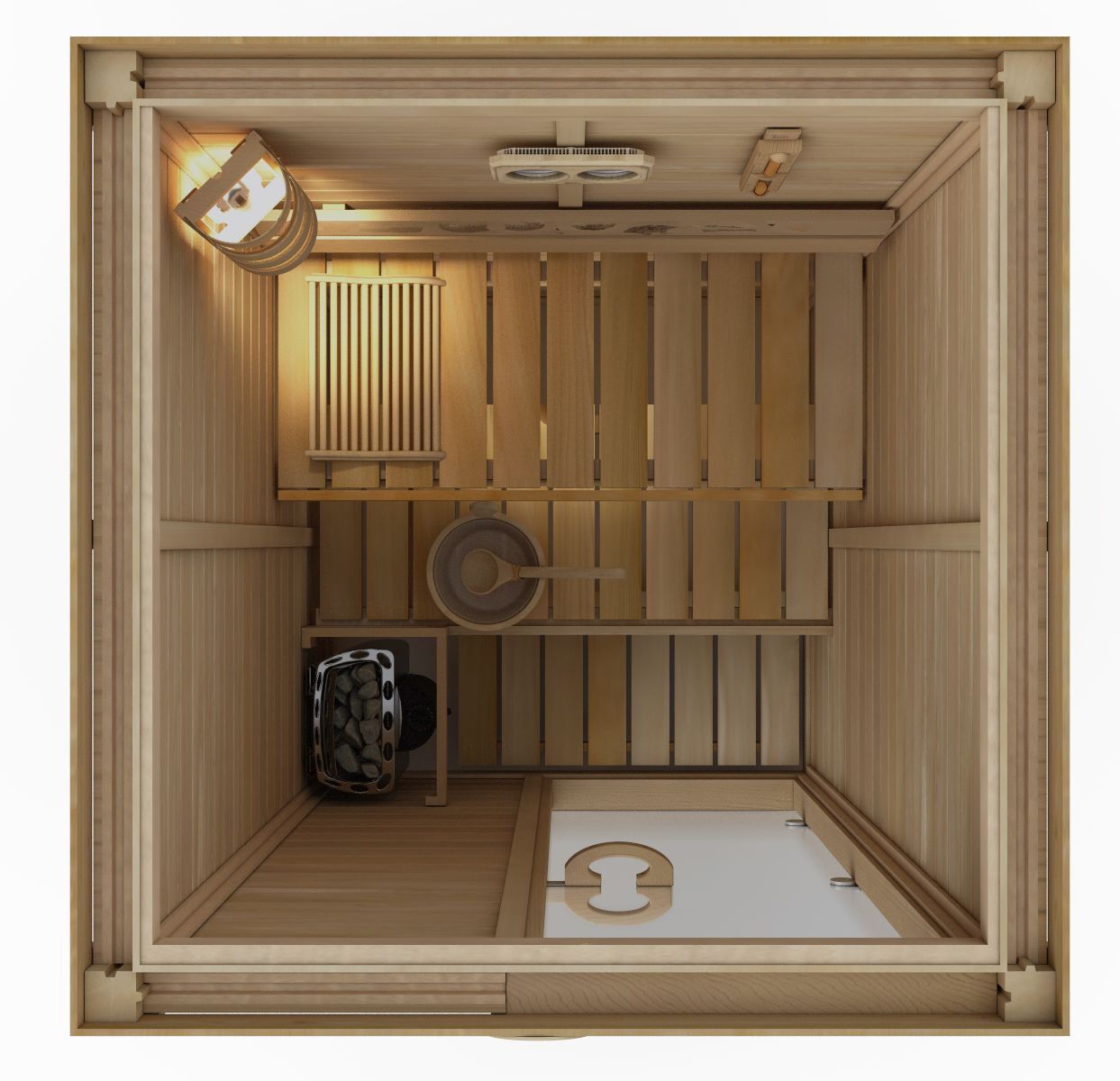 Top-down view of a small wooden sauna room with benches, heater, and floor drain