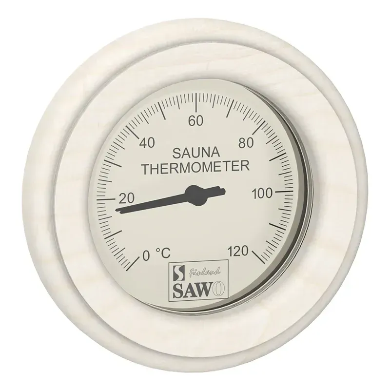 White sauna thermometer showing about 20°C on a round dial.
