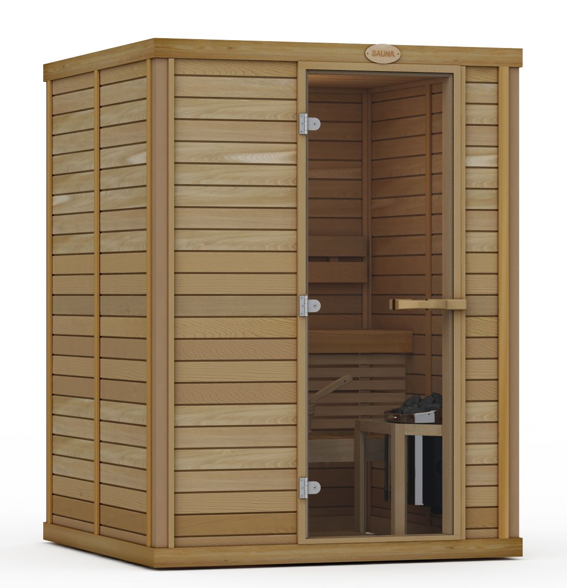 Wooden outdoor sauna with glass door and bench seating