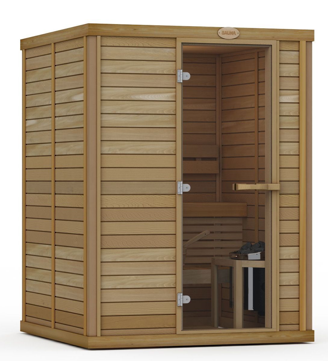Wooden outdoor sauna cabin with glass door, open interior visible