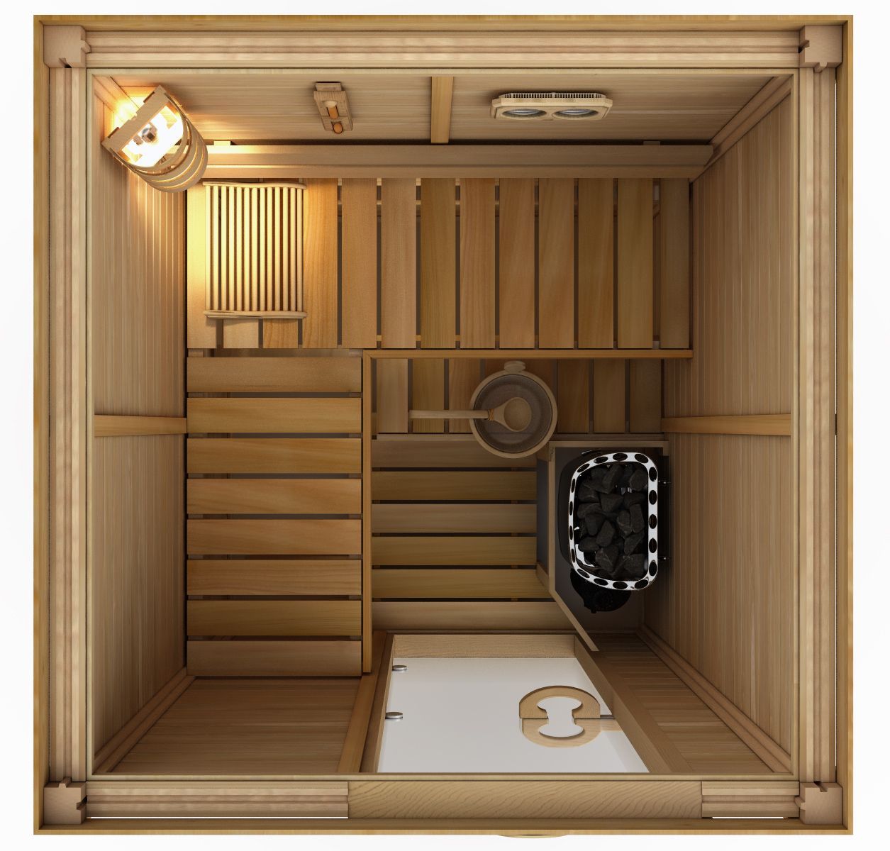 Top-down view of a wooden sauna interior with bench seating, heater, and floor drain