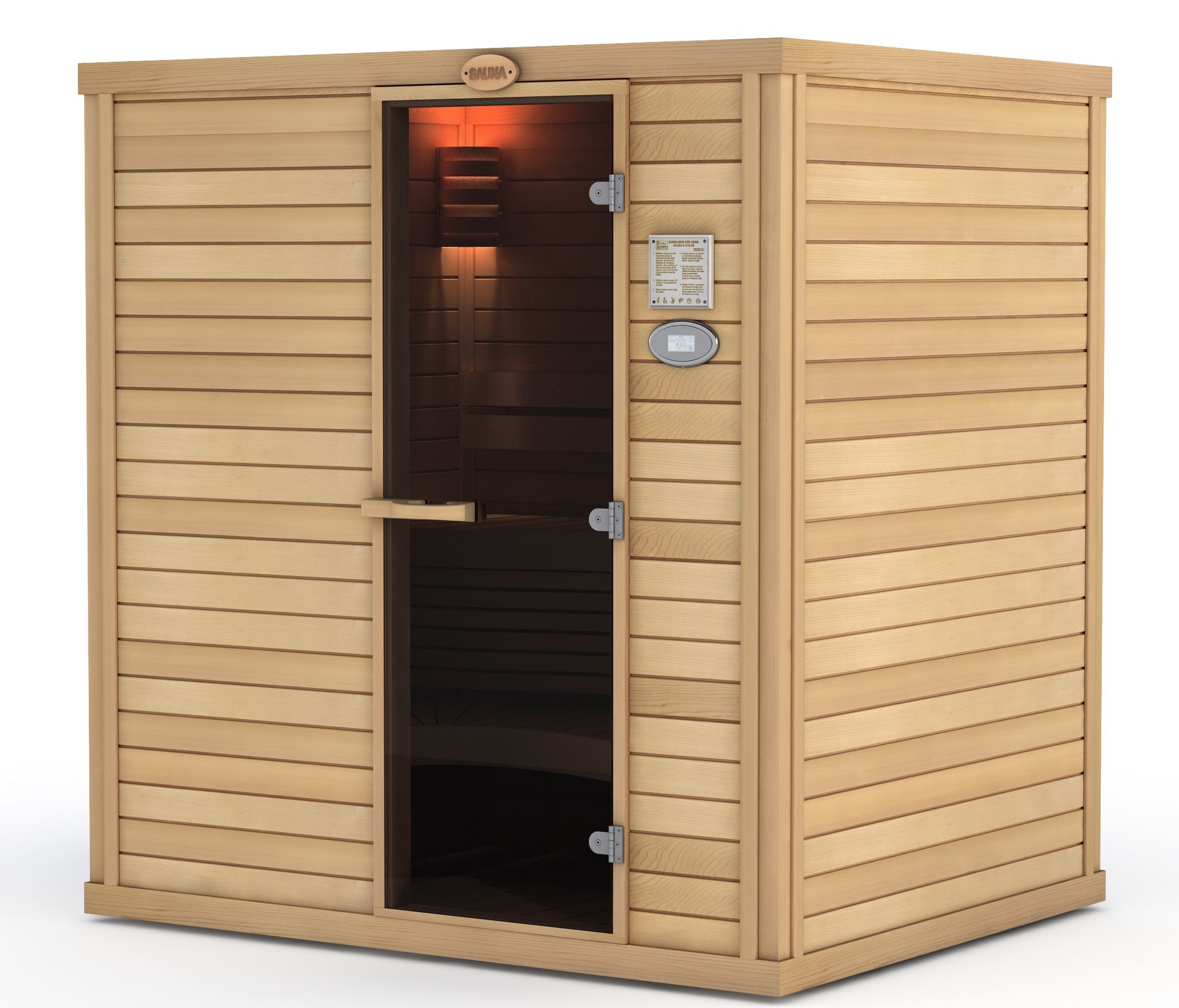 Wooden infrared sauna with glass door and interior light