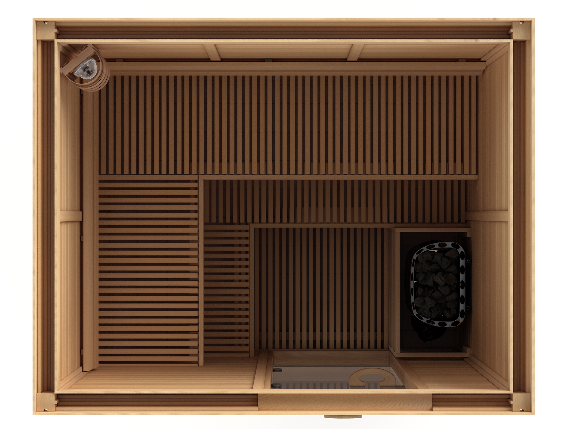 Top-down view of a wooden crate interior with slatted panels and a black object in one corner