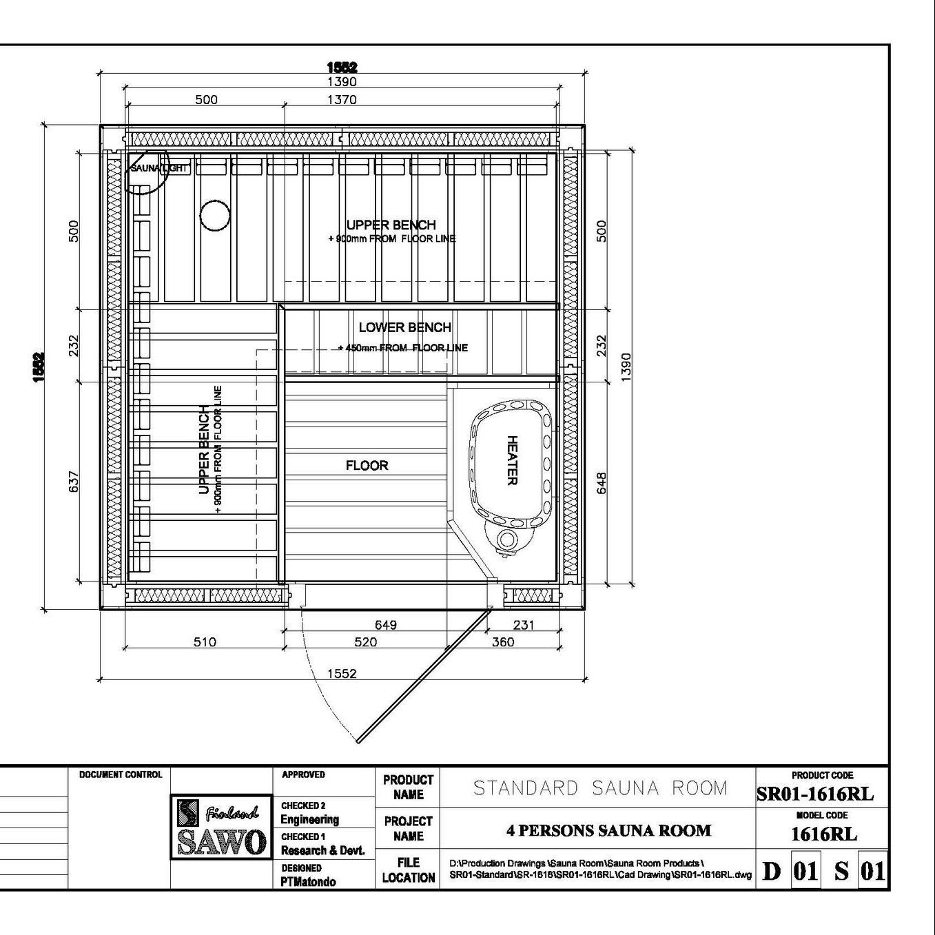 Black-and-white architectural floor plan with room labels, dimensions, fixtures, and title block.