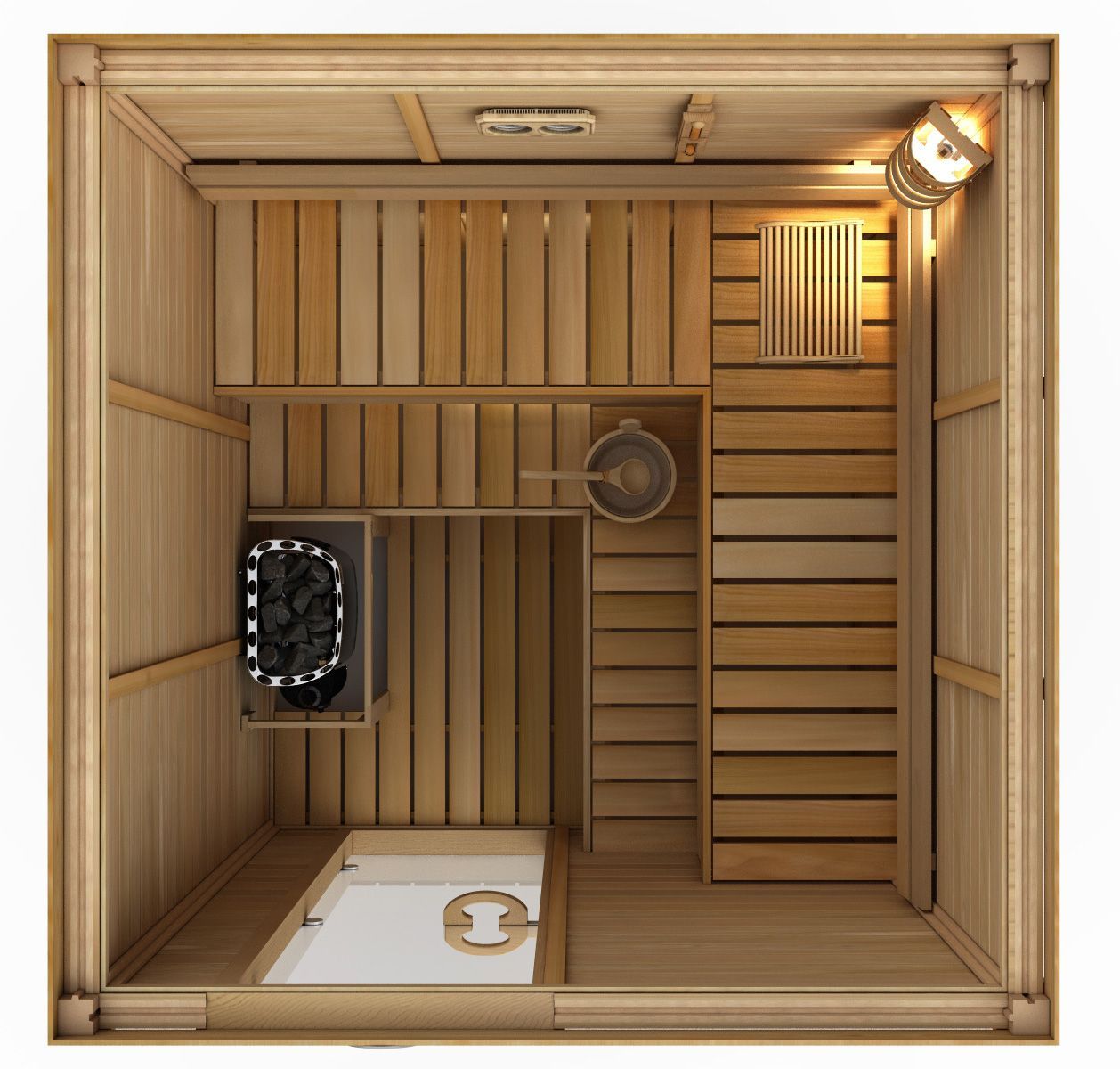 Top-down view of a wooden sauna interior with benches, heater, bucket, and warm lighting