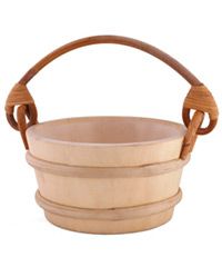 Light wooden bucket with a curved handle and rope knots on both sides