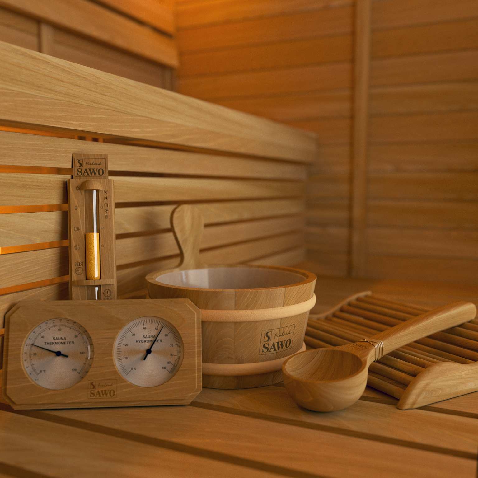 Wooden sauna set with thermometer, sand timer, bucket, ladle, and massage brush on a bench.