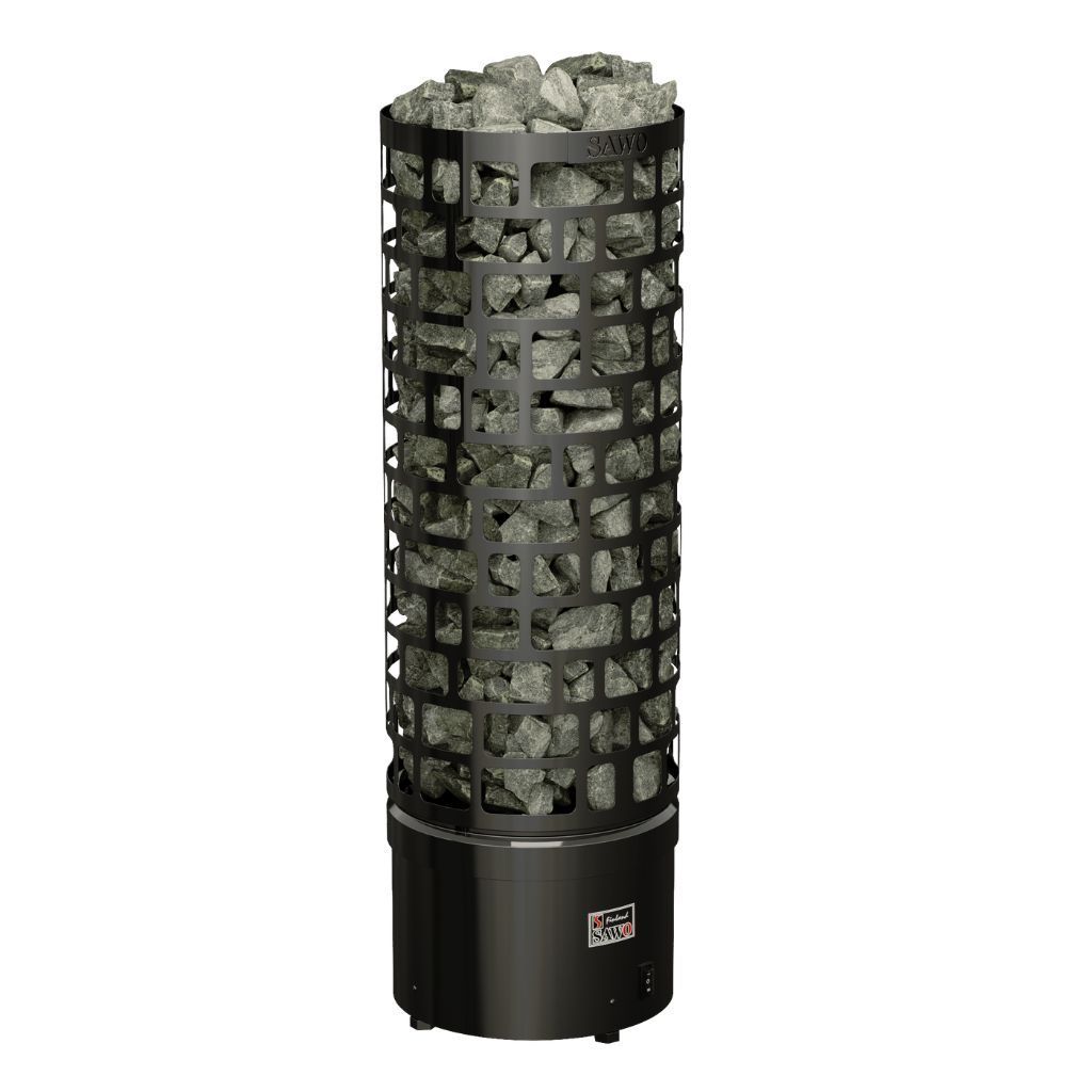 Tall cylindrical black sauna heater filled with gray stones, isolated on a white background