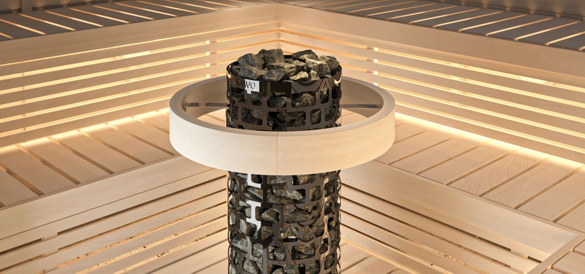 Circular wooden platform around a vertical stacked sculpture in a bright, modern interior