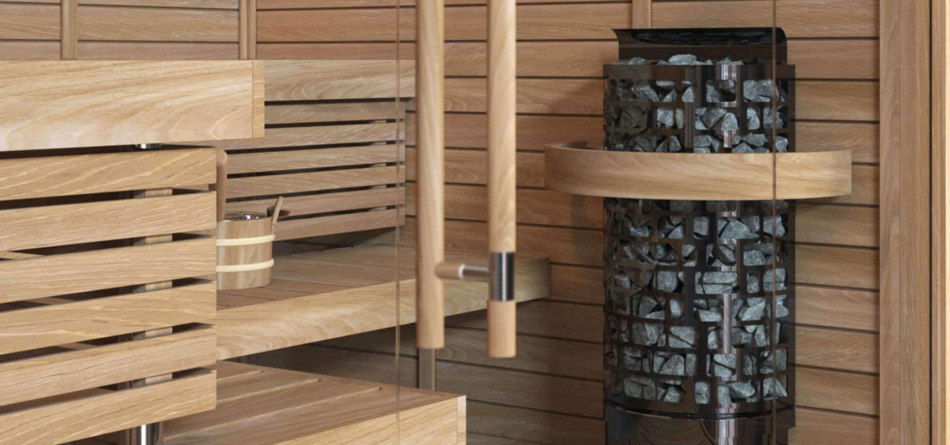 Wooden sauna interior with benches and a metal heater stone stove