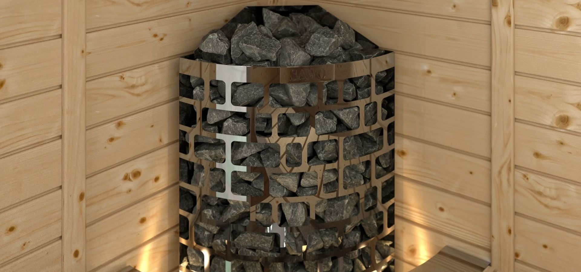 Wooden corner sauna with a black metal heater filled with stones against pine walls.