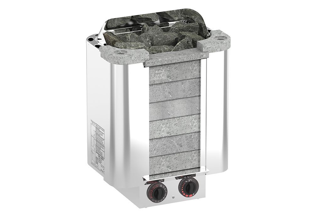 Stainless steel sauna heater with lava rocks and two control knobs