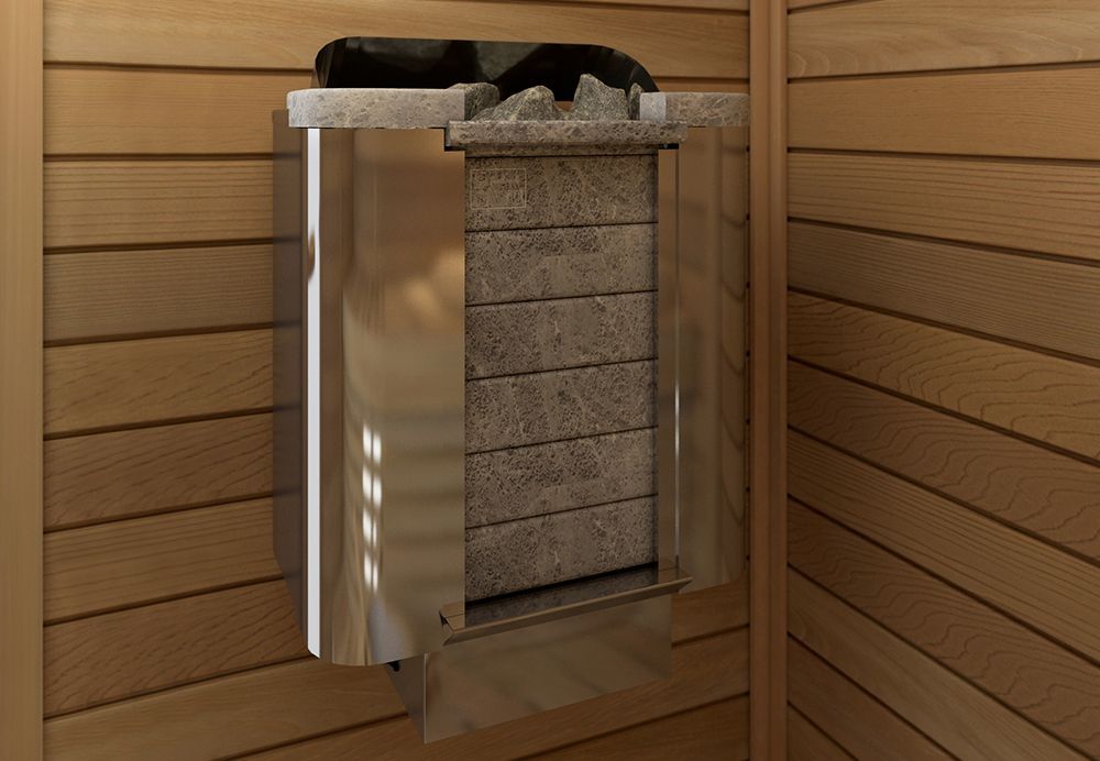 Wood-paneled sauna interior with a metal heater and stacked stones