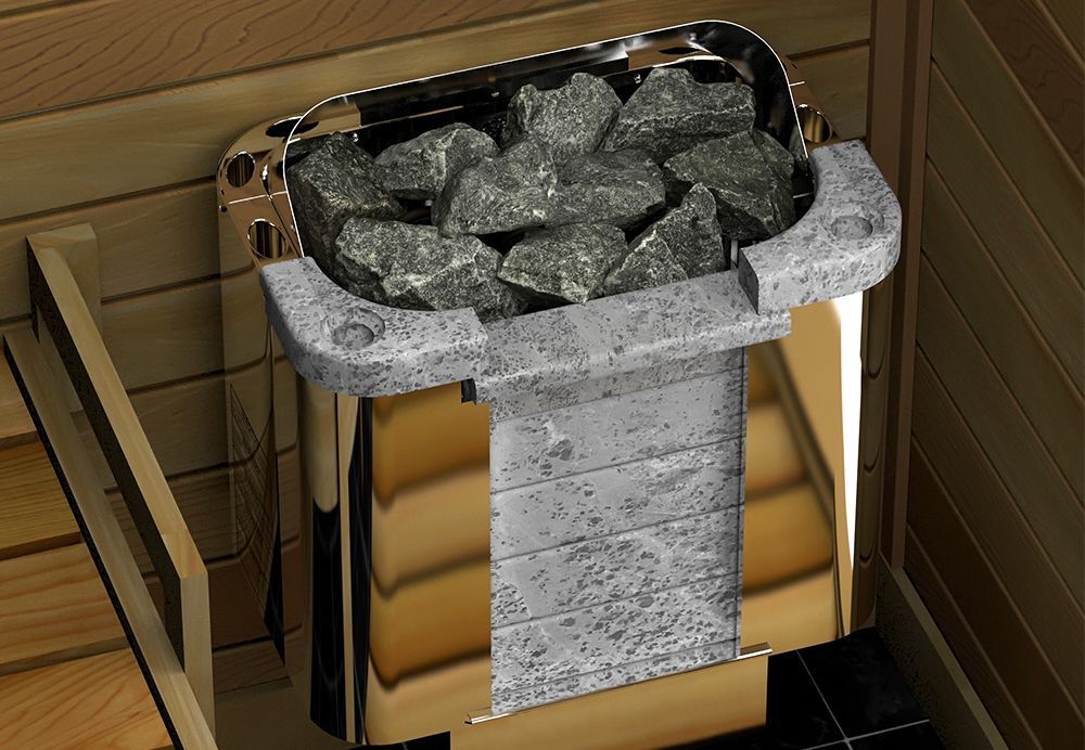 Metal sauna heater filled with rocks beside wooden bench and tiled wall