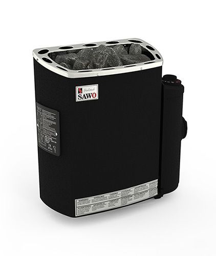 Black wall-mounted electric heater with silver top and side control knob on a white background