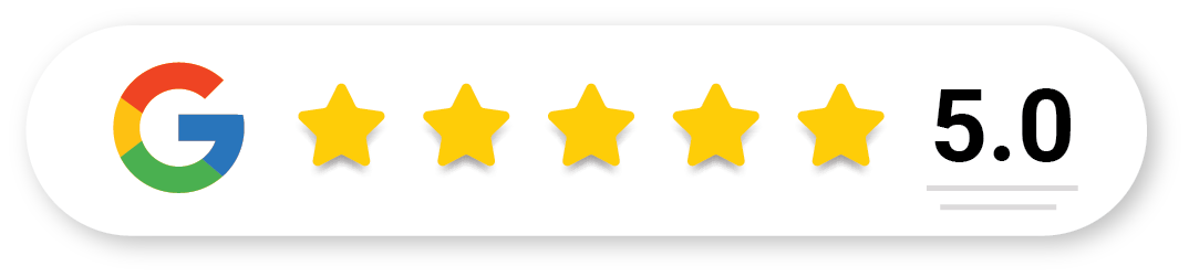 Google 5-star rating graphic with five gold stars and a 5.0 score