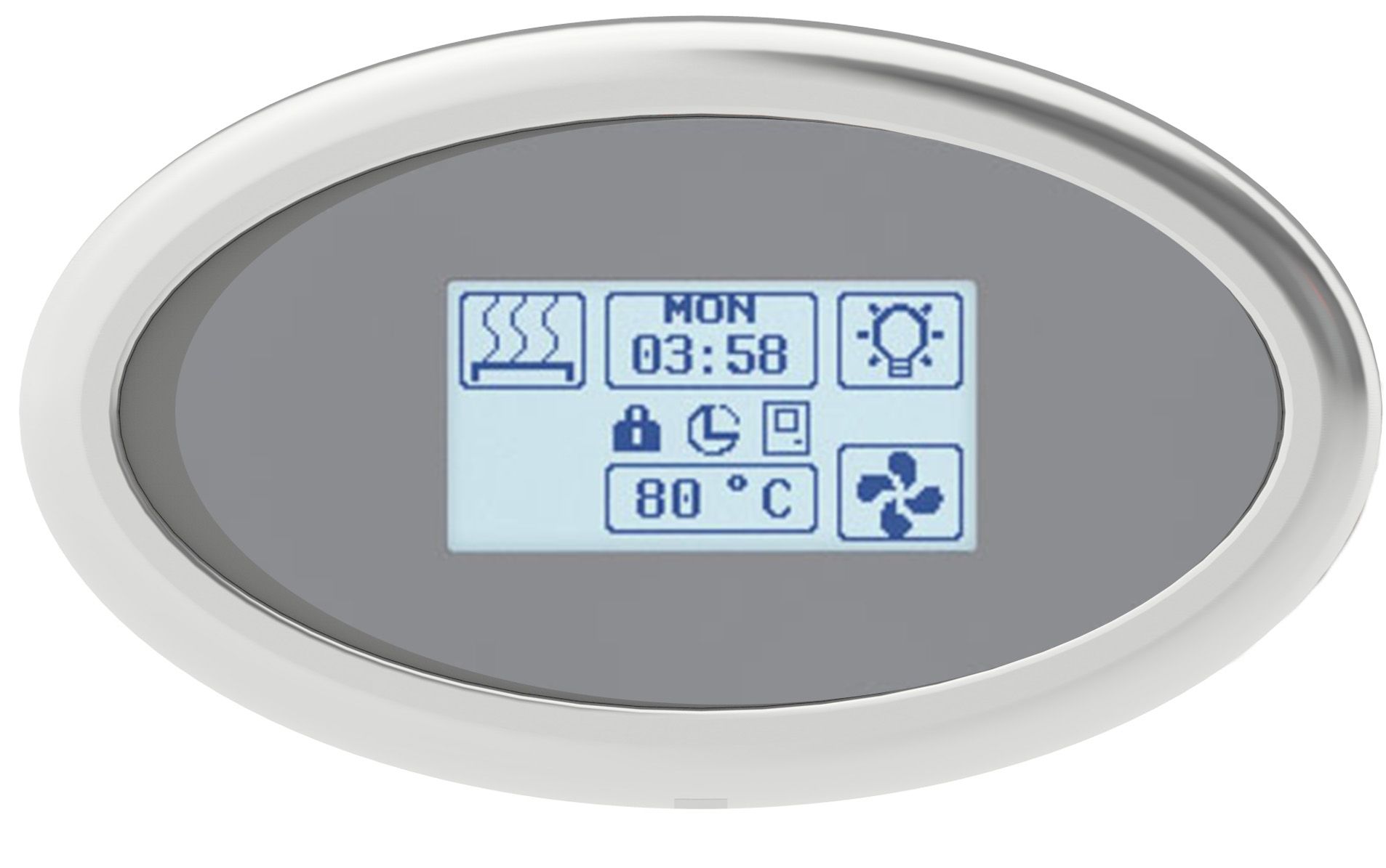 Oval silver digital control panel with blue LCD display showing 03:58 and 80°C icons