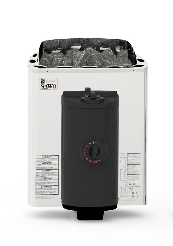 Black tank-style water heater in front of a white insulated jacket or appliance casing.