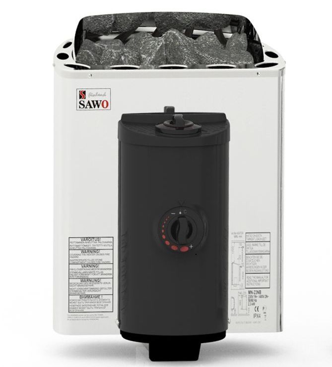 White SAWO sauna heater with black front control panel and stones on top