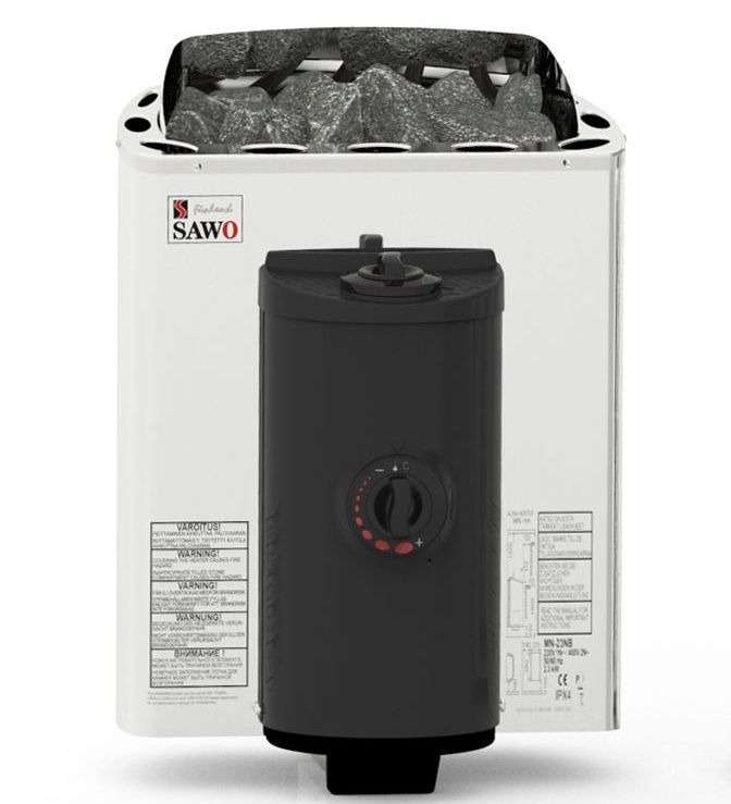 Electric sauna heater with white body, black front panel, and exposed heating stones on top