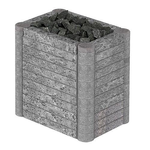 Stone planter with stacked concrete sides, filled with dark rocks