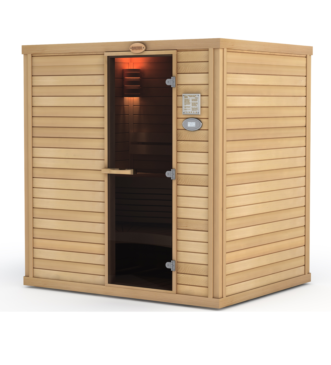 Wood-paneled infrared sauna with glass door and interior bench seating