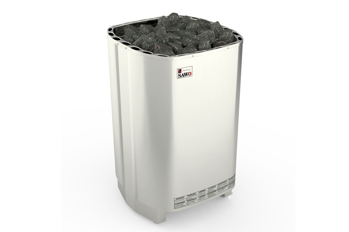 Stainless steel sauna heater filled with dark rocks on top
