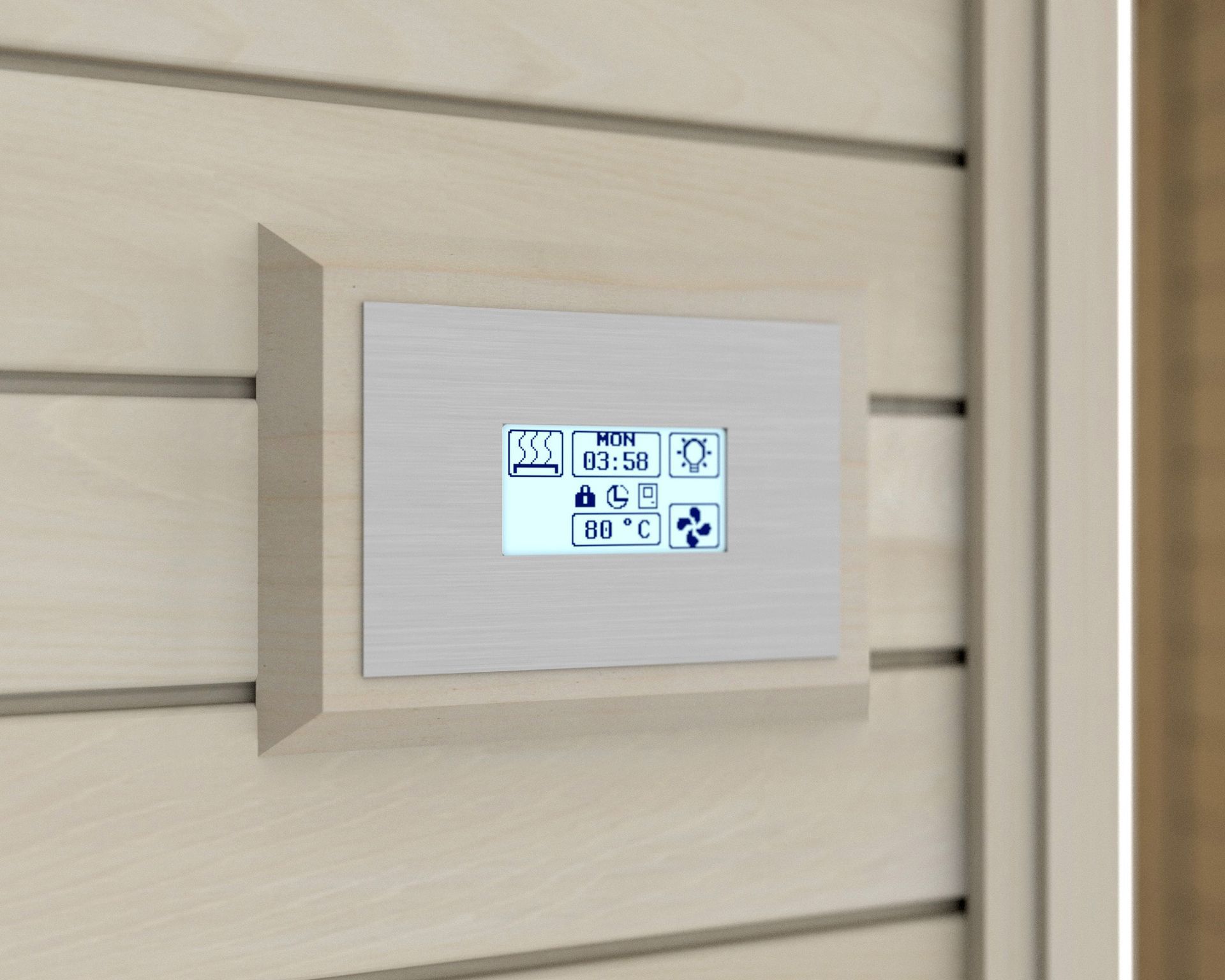 Wall-mounted white touchscreen control panel on beige siding, showing small icons and temperature info.