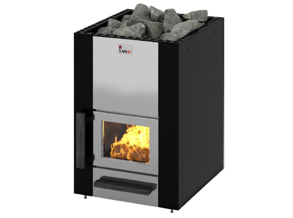 Black wood-burning stove with a glass firebox and stones on top