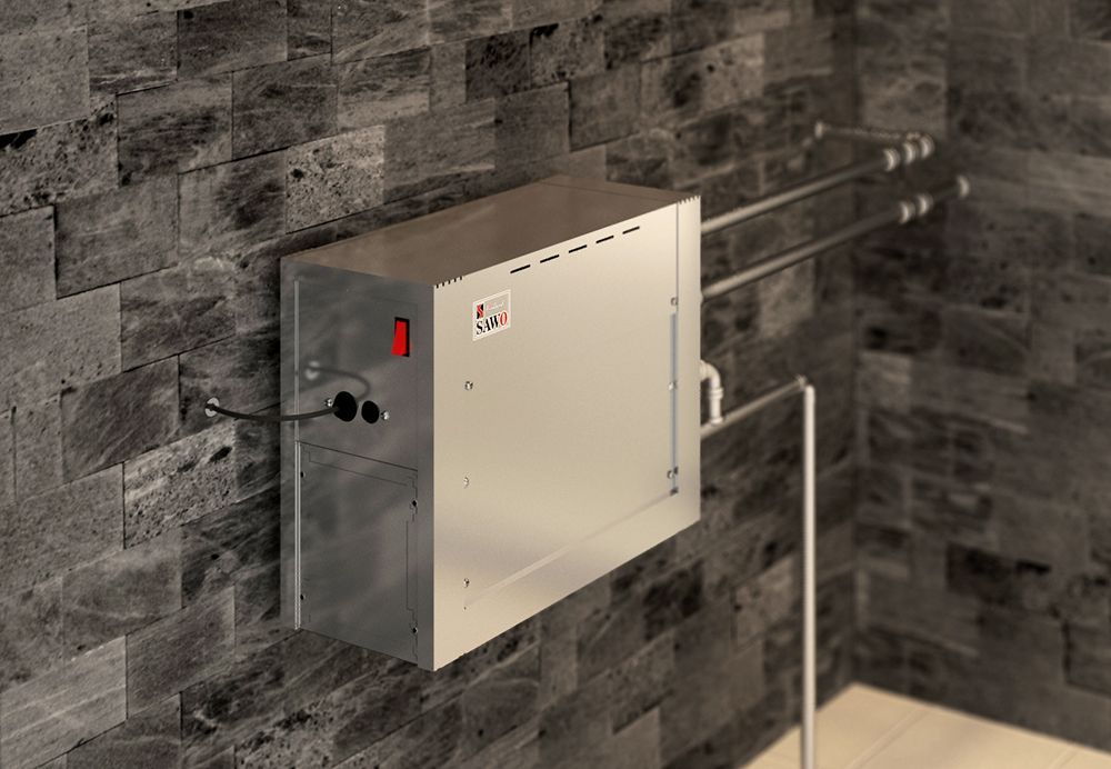 Wall-mounted metal electrical box on a dark stone wall with a red switch and conduit pipes.